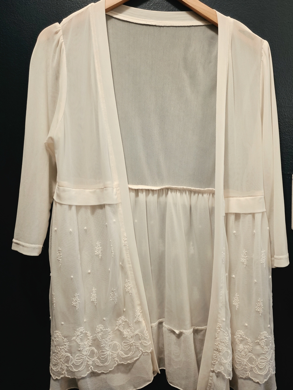 Elegant Cream Sheer Embroidered Open Robe